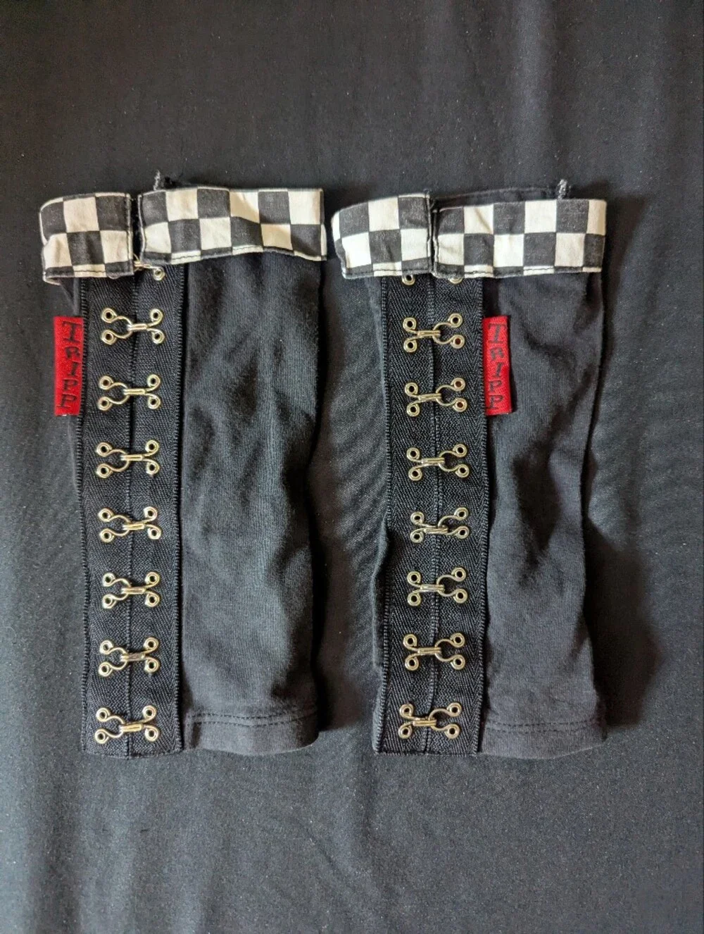 TRIPP NYC Long-Deadstock Armwarmer Gloves With Checker Trim and Hook Detail